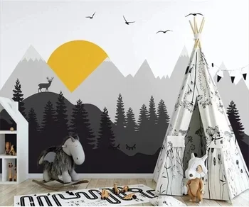 Изготовленные на Заказ Любого Размера 3D Фрески Обои Скандинавские геометрические горные вершины сосновый лес лось детские обои papel tapiz