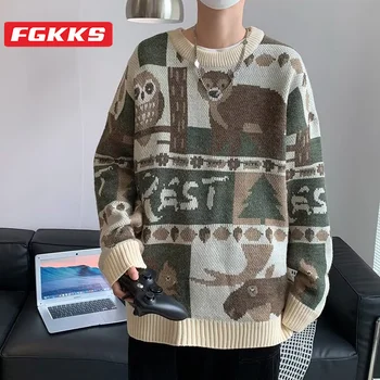 FGKKS 2023 Уличный Повседневный свитер для мужчин из овечьего флиса с вышивкой животных, высококачественный Теплый уличный свитер для мужчин