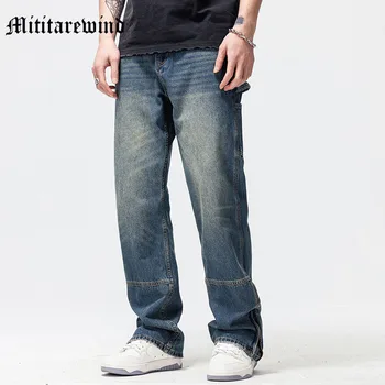 Летние Уличные Винтажные Прямые однотонные мужские брюки с широкими штанинами, простые джинсовые брюки в стиле хип-хоп, потертые Свободные повседневные джинсы.