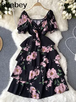 Новое летнее платье 2023 года для снижения возраста Vestidos Женское облегающее платье миди с квадратным вырезом и милым цветочным рисунком в виде листьев лотоса