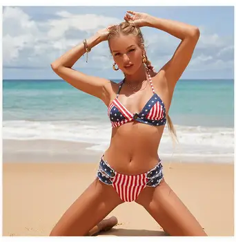 2023 Американские Дамы Повседневный Пляжный Отдых Плавание Вечеринка Сексуальная Личность Флаг Шаблон печати Бикини Купальник Комплект