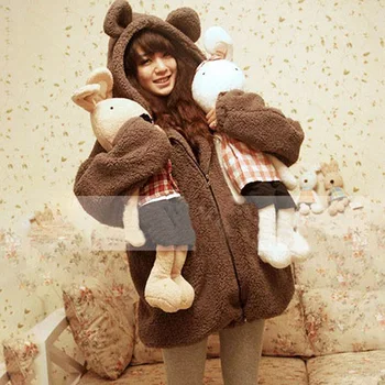 Женский плюшевый свитер с капюшоном в стиле MOONBIFFY Y2K с медвежьими ушками и хвостом, теплый однотонный пушистый флис, милые толстовки Оверсайз